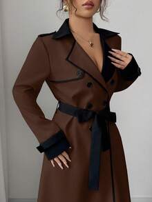 Elenzga 女士撞色领设计双排扣收腰优雅休闲通勤时尚法式风衣，奶油白与杏色拼接，长袖，秋冬款 - 彩色 - 查看 3