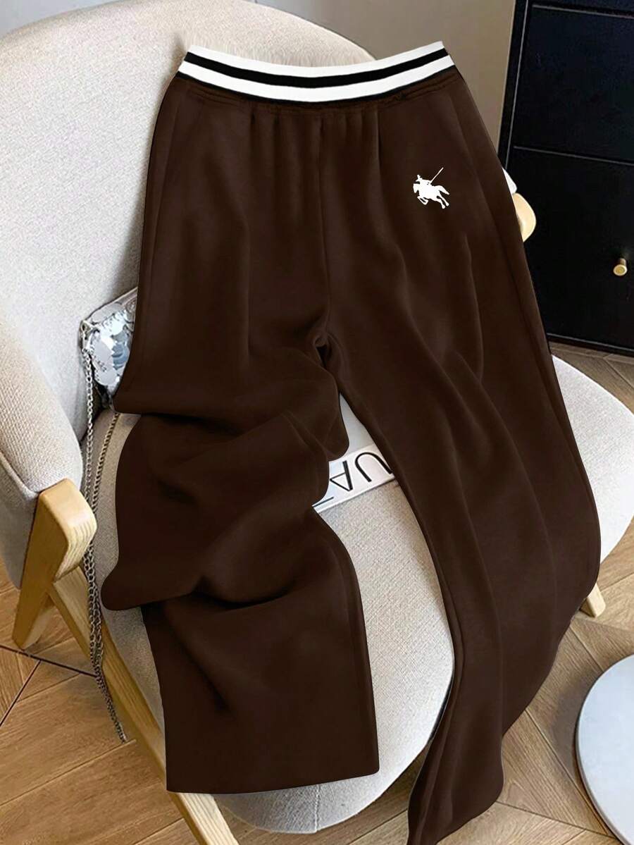 SHEIN 女式条纹腰带骑士印花宽松休闲运动裤 - 咖啡棕 - 查看 1
