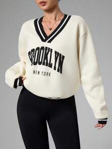 Dewbera Women's Letter Print Drop Shoulder Long Sleeve Loose Fit Sweatshirt Brooklyn Sweatshirt New York Jersey Women Sweatshirt New York Outfits Brooklyn New York Gym Sweatshirt Sporty Chic Gym Clothes Women Oversized - Apricot - View 4