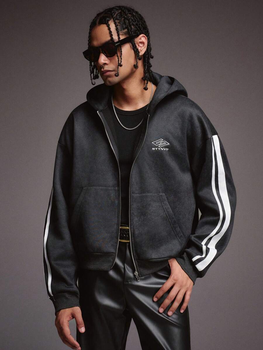 STYNVO Áo hoodie thường ngày tay dài có khóa kéo sọc hai bên dành cho nam, túi trước - màu đen - Xem 1