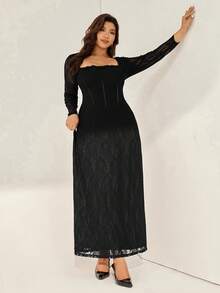 Auralis Robe élégante pour grandes tailles, robe rouge vin, robe élégante pour femmes, nouvelle robe de soirée pour femmes en automne et hiver, robe sexy à manches longues avec dentelle en forme de S, col carré, ajustée aux hanches, robe longue noire super longue, robe en dentelle - Noir - Voir 4