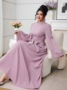 Al Najma 女士优雅纯色腰带长袖阿拉伯风格连衣裙 - 粉色 - 查看 3