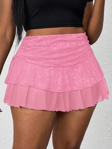 SHEIN PETITE CURVE 大码女式腰部褶皱撞色蕾丝A字裙 - 粉色 - 查看 6