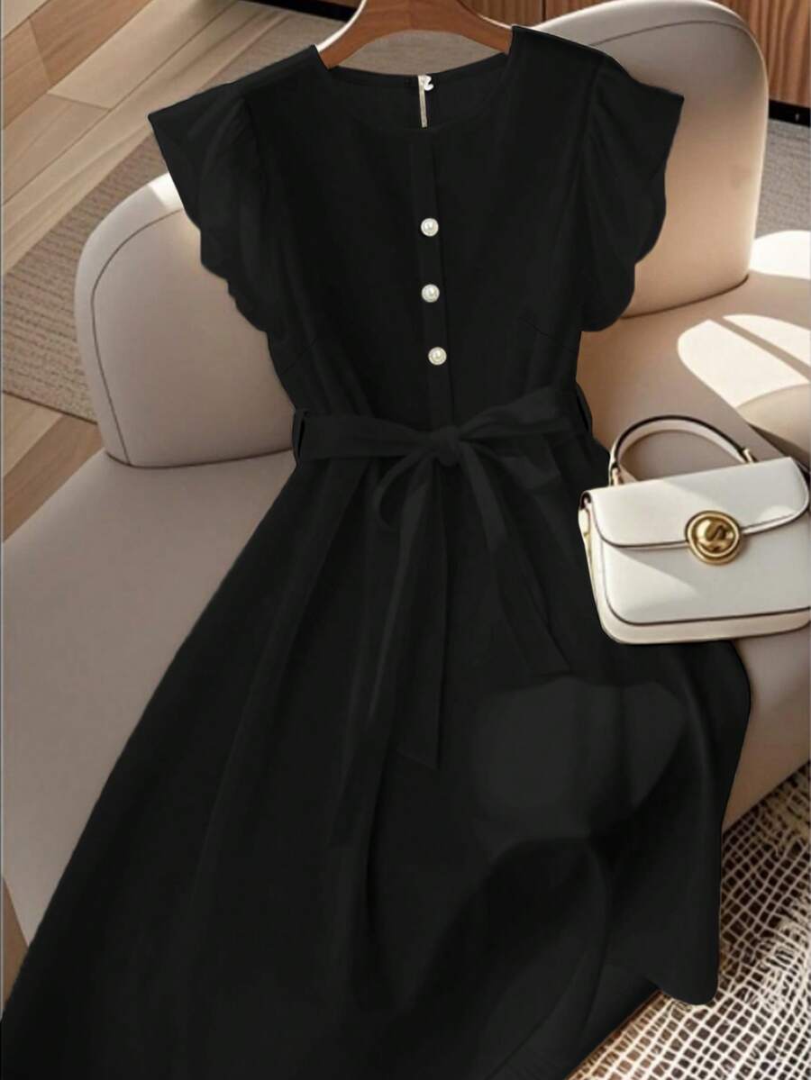 Franclia 优雅法式高端度假通勤百搭圆领短袖弹力腰身珍珠纽扣装饰舒适柔软无弹杏色女士中长连衣裙，春夏款 - 黑色 - 查看 1