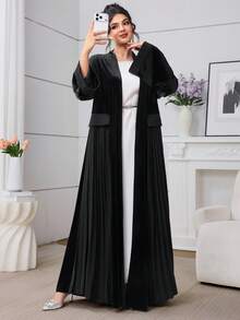 Al Najma 秋冬季时尚优雅黑色丝绒拼接褶裥喇叭袖开襟女式外套 - 黑色 - 查看 5