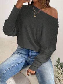 SHEIN Clasi 女士休闲纯色蝙蝠袖T恤，秋季款 - 深灰色 - 查看 5