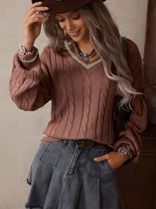 SHEIN LUNE Women's Casual V-Neck Drop Shoulder Ribbed Knit Sweater, Autumn/Winter - Coffee Brown - View 4