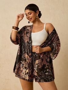 Travachic Plus Size Women Bohemian Cashew Flower & Paisley Print Cardigan And Shorts Two Pieces Outfit, Casual Holiday Beach Wear - Brown - View 3