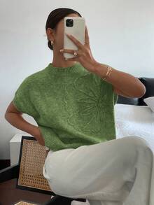 Siren Gaze Women Casual Solid Color 3D Floral Short Sleeve Knitted Top,Knitted Sweater