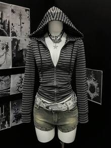 EgrlEra 女士时尚条纹印花拉链连帽长袖卫衣 - 深灰色 - 查看 3