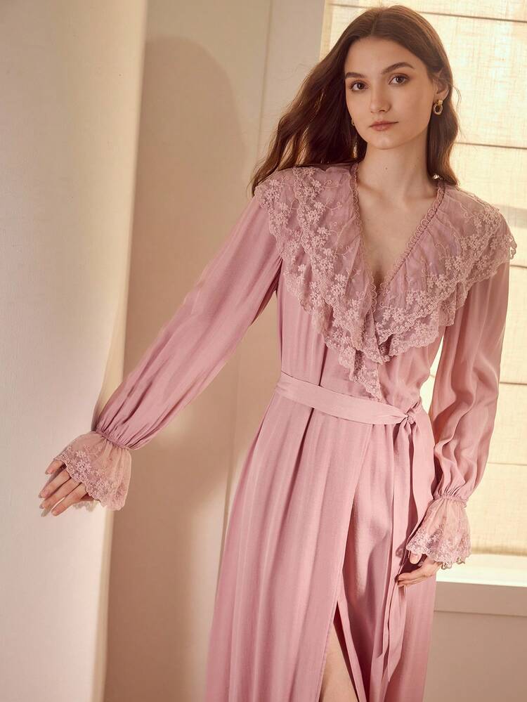 WOMEN'S ROMANTIC CONTRAST LACE RUFFLE SLEEVE BELTED LONG SLEEP DRESS