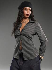 Normani Fashionable Commuter Dark Grey Striped Woven Women's Shirt - Dark Grey - View 5