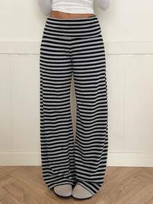 SHEIN EZwear Quần dài nữ dệt kim kẻ sọc rộng rãi thoải mái - Màu xám đen - Xem 6