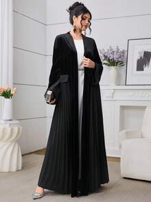 Al Najma 秋冬季时尚优雅黑色丝绒拼接褶裥喇叭袖开襟女式外套 - 黑色 - 查看 4