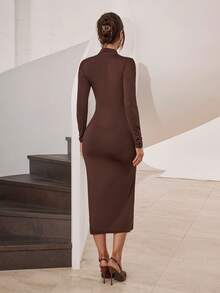 Modelyn Women's Elegant Solid Color Pleated Waist Long Sleeve Midi Dress - Brown - View 4