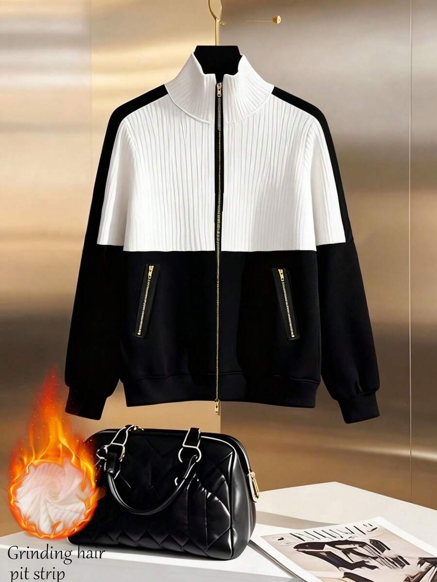 GlowEve Áo nỉ chắp vá nhiều màu sắc thường ngày dành cho nữ, Thu/Đông - Đen và trắng - Xem 1