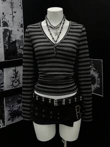 EgrlEra 女士休闲V领条纹修身短款长袖T恤 - 彩色 - 查看 1