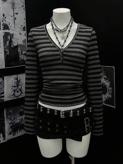 EgrlEra 女士休闲V领条纹修身短款长袖T恤