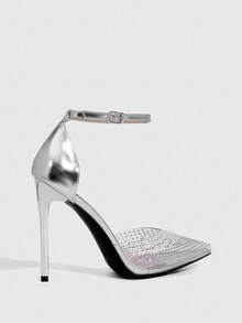 CUCCOO SZL Giày cao gót đế xuồng đính đá pha lê màu mơ cho nữ - Bạc - Xem 6