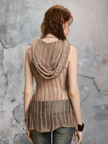 ROMWE Fairycore Women's Solid Color Asymmetric Hem Distressed Hooded Sleeveless Knit Top - Khaki - View 6