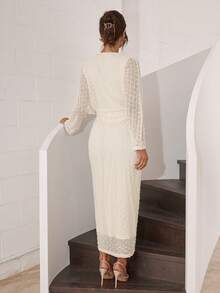 Modelyn 女式纯色深V领优雅长袖连衣裙 - 杏色 - 查看 3