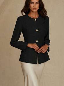 EMERY ROSE Round Neck Herringbone Metal Button Decor Hem Patchwork Office Blazer - Black - View 3