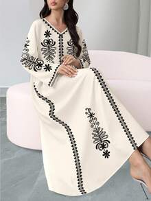 SHEIN Najma Women's Retro Black Floral Digital Print V-Neck Long Sleeve Elegant Arabic Maxi Dress, Spring/Autumn