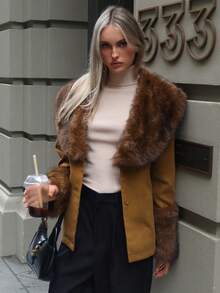 Aloruh Women's Autumn/Winter New Gangster Wife Style Sexy Open Front Button Closure Long Faux Fur Collar Leopard Print Patchwork Long Cinched Waist Sleeve Faux Fur Coat Brown - Multicolor - View 5