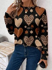 EMERY ROSE 女士休闲豹纹爱心图案长袖T恤，适合秋冬季节，图案T恤，情人节动物印花上衣，豹纹上衣，女士衬衫，长袖豹纹长袖上衣，休闲款 - 彩色 - 查看 4