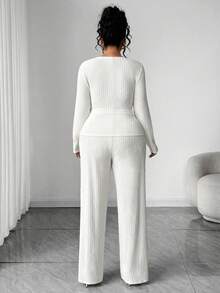 Elenzga Plus Size Women Button Front Top T-Shirt Jacket And Straight Leg Knit Pants 2 Pieces Set, Comfortable For Home And Daily Elegant Wear - White - View 2