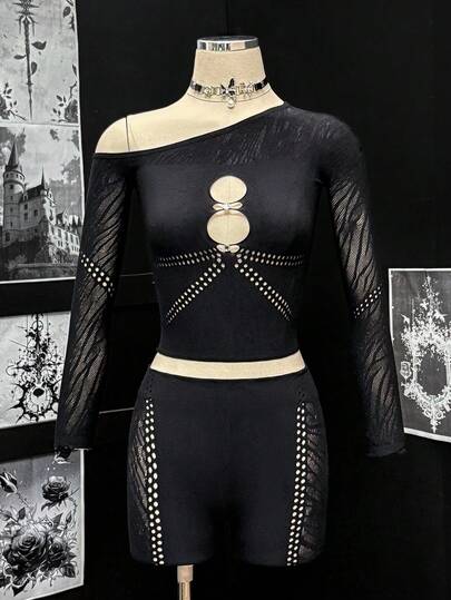 EgrlEra طقم ملابس علوية أكمام طويلة وشورت أسود جذاب مكون من قطعتين