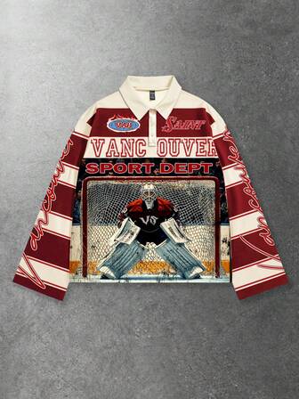 Street Life Camiseta polo de manga larga con estampado y rayas para hombre, estilo universitario casual