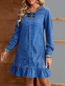 EMERY ROSE Women's Button Design Round Neck Rolled Sleeve Casual Loose Denim Dress - Blue - View 4