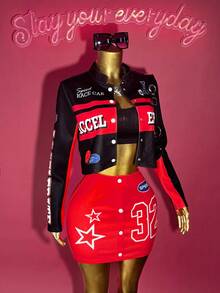 Slaydiva 2025 Winter, New Style, New Year, Valentine's Day, Party, Evening Gathering, Date, Gathering, Birthday Party, Preppy Style, Student Wear, Everyday Outing, Basic Versatile, Casual, Cruise Travel, Influencer Hot Style, Elegant, Commuter, Business Casual, Sexy Club, Y2K, Punk Racing, Girly Cool Motorcycle Style, Small Stand Collar Long Sleeve Letter Print Jacket + Tank Top + Mini Skirt, Winter Set, Christmas Set, New Year Set, Women's Three-Piece Set - Multicolor - View 4