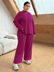 SHEIN Essnce Plus Size Women Solid Color Dropped Shoulder Long Sleeve Top And Wide Leg Pants Casual 2-Piece Set