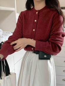 DAZY 女士优雅时尚针织开衫，饰有金属纽扣，适合秋季、冬季、春季、中国新年和圣诞节穿着。 - 紅色 - 查看 3