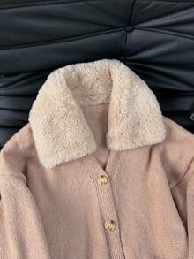 INAWLY 大码女式时尚长袖开衫，带毛领，秋冬款 - 杏色 - 查看 5