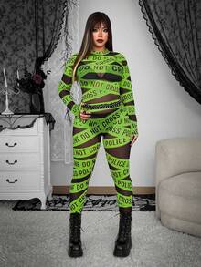 Whyspr Plus Size Women Street Bold Avant-Garde Casual Punk Fashion English Letter Print Leggings, High Stretch, Suitable For Halloween, Music Festival, Cosplay - Multicolor - View 1