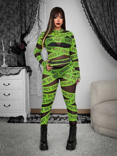 Whyspr Plusstorlekar för kvinnor Gatuinspirerad Avantgarde Casual Punk Mode Leggings med engelskt bokstavstryck, Hög stretch, Lämplig för Halloween, Musikfestival, Cosplay