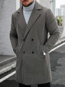 Manfinity Homme 男士纯色翻领单排扣休闲大衣，秋冬男士外套，男士长款灰色外套，男士灰色大衣，男士灰色开衫 - 深灰色 - 查看 5