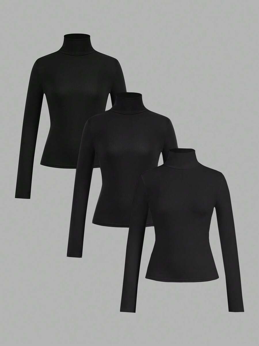 SHEIN EZwear 3件套女士黑色高领长袖紧身休闲T恤套装，适合秋冬季穿着 - 彩色 - 查看 1