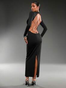 Normani New Backless Sexy Spaghetti Strap Long Sleeve Dress, Versatile Base Layer Dress For Autumn/Winter - Black - View 3