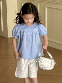 Dazy Kids Conjunto de 2 piezas para niñas con blusa de manga abullonada y shorts de unicolor, atuendo de verano para niñas - Azul - Ver 1