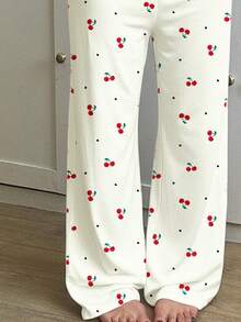 Vintage Sweet Mini Cherry Heart Print, Ballerina Style, Teen Girl Autumn/Winter Round Neck Raglan Long Sleeve T-Shirt And Loose Pants Casual Pajama Set, 2pcs, Suitable For Christmas Loungewear - Multicolor - View 5