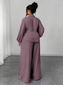 Maweii Große Größen Set aus einfarbigem Hemd mit Kragen und Drop Shoulder, Langarm, lässig, locker, 2 Teile - Violett - Übersicht 6