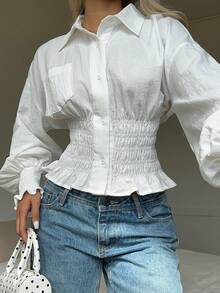 SHEIN EZwear 女士清新纯色收腰长袖衬衫 - 白色 - 查看 6