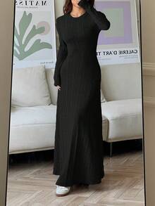 SHEIN EZwear 女士纯色长袖休闲罗纹针织连衣裙 - 黑色 - 查看 4