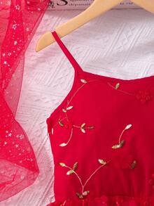 SHEIN 少女刺绣网纱3D立体花卉装饰时尚吊带裙 - 紅色 - 查看 6