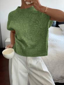 Siren Gaze Women Casual Solid Color 3D Floral Short Sleeve Knitted Top,Knitted Sweater