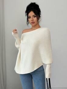 SHEIN Elenzya Suéter blanco de manga larga con textura acanalada, elegante y clásico para mujer, otoño/invierno - Crema - Ver 4